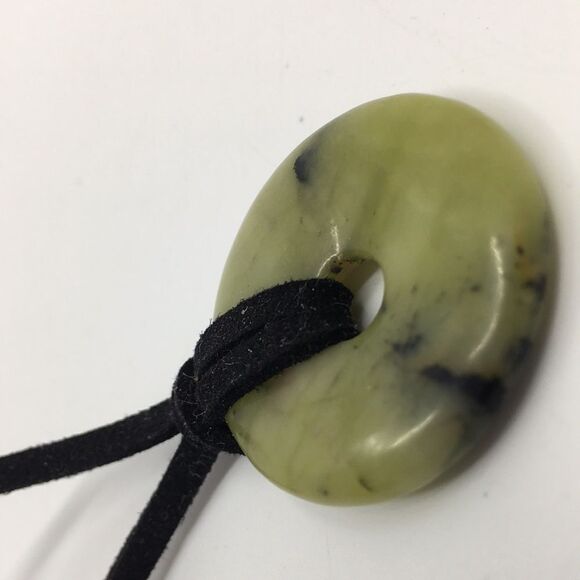 Olive Jade Disc Necklace on Black Suede Cord with silver tone hardware - Picture 16 of 16